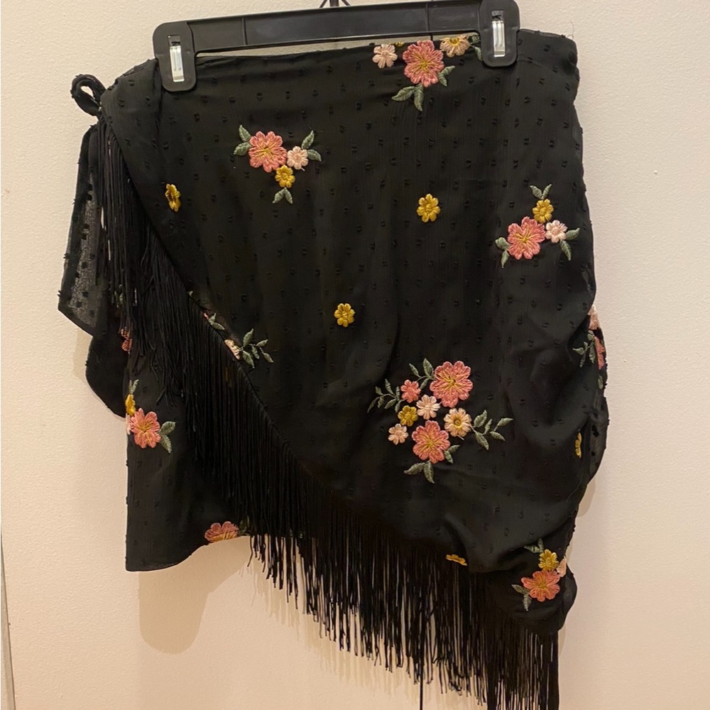 Majorelle floral print with fringe wrap skirt